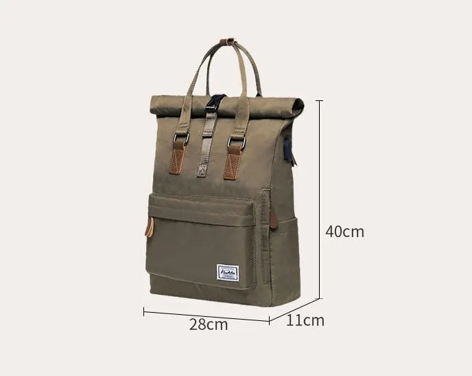Casual polyester backpack in black, shown with cover open revealing internal laptop pocket and organiser.