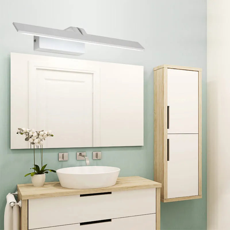 White LED bathroom mirror headlight showing three light colour options and available in multiple sizes.