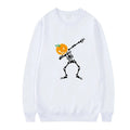 Women's printed long sleeve crew neck top in multiple colours on a size chart background.