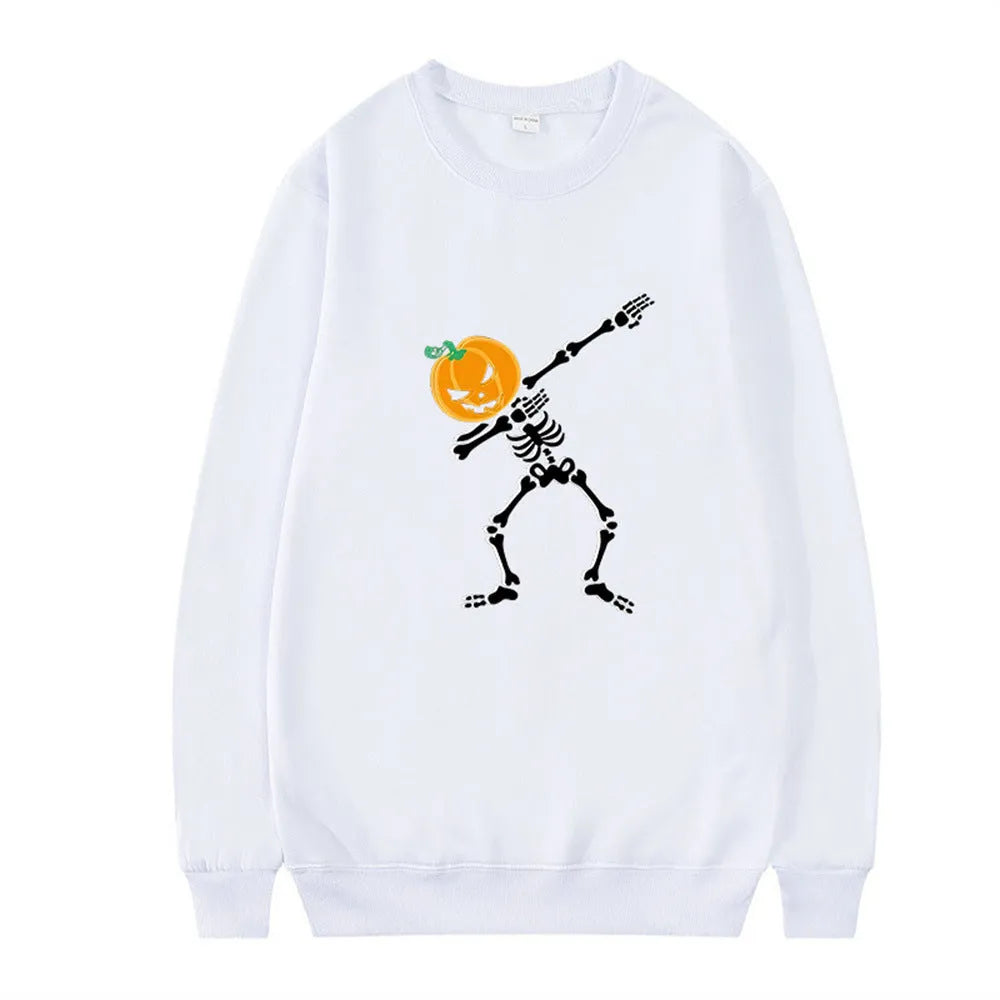 Women's printed long sleeve crew neck top in multiple colours on a size chart background.