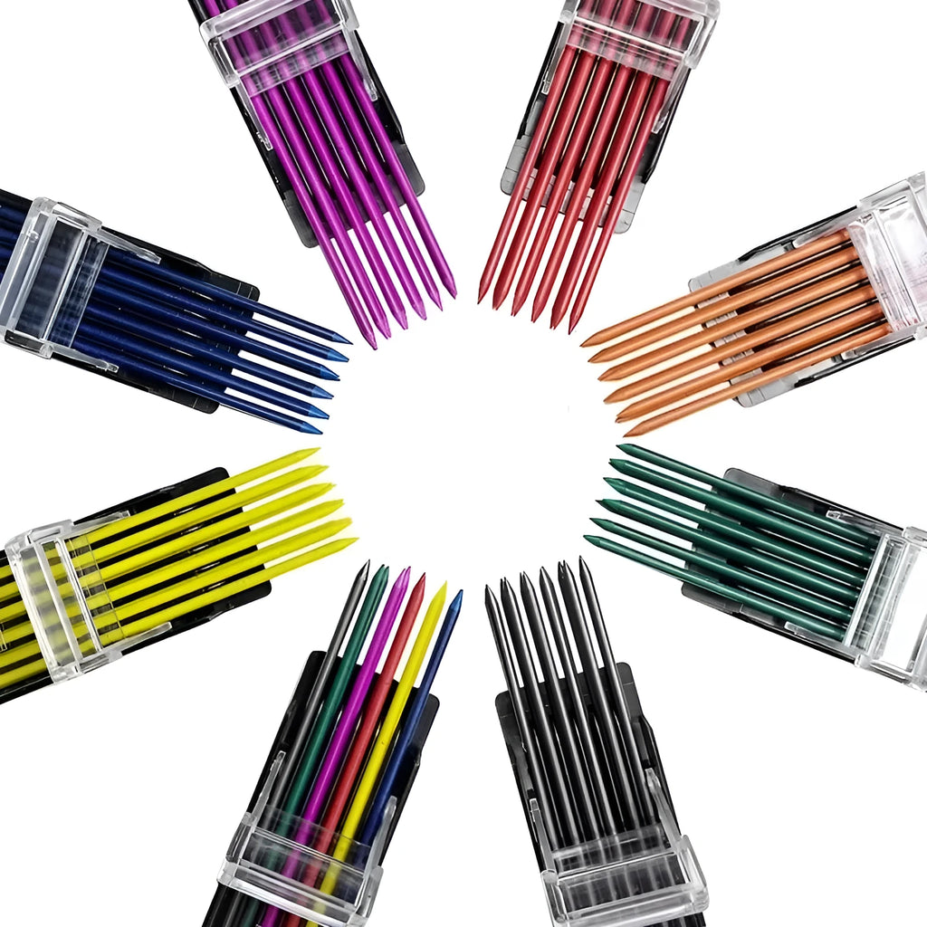 Box containing 12 coloured mechanical pencil lead refills for drawing, including black, blue, green, orange, purple, red, white, and yellow.