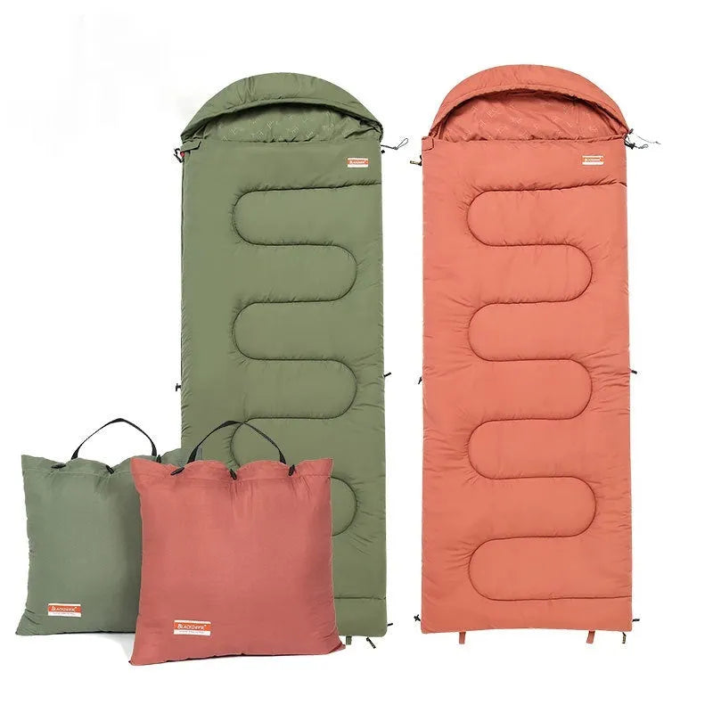 Outdoor cotton sleeping bag in ochre or olive green, shown rolled for portability.