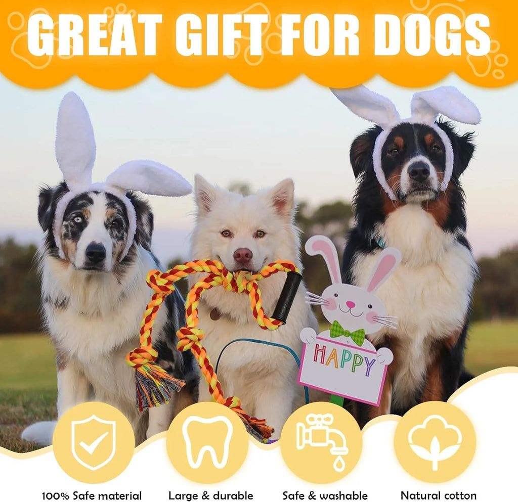 Blue and yellow cotton rope dog toy with ergonomic handles for tug-of-war games