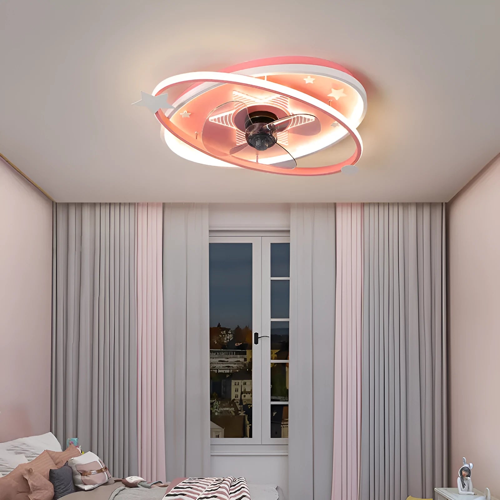 Modern iron chandelier for children's bedroom with remote control and acrylic shade in blue or pink colours