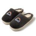 Kawaii rainbow embroidered plush slippers with rubber sole, wrapped toe, round heel, available in multiple colours
