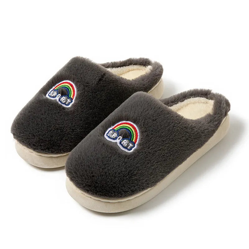 Kawaii rainbow embroidered plush slippers with rubber sole, wrapped toe, round heel, available in multiple colours