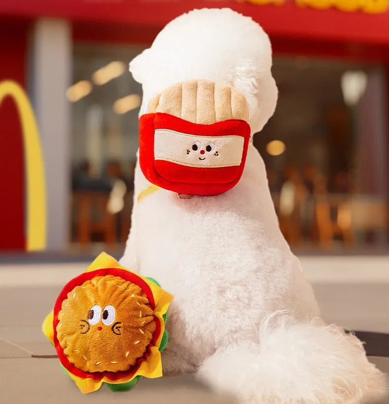 Cartoon hamburger print adjustable vest leash and backpack for a dog.