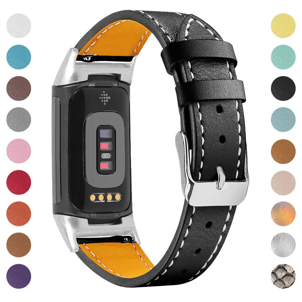 Genuine cowhide leather strap for Fitbit Charge 5 and Charge 6 smart watches in multiple colour options.
