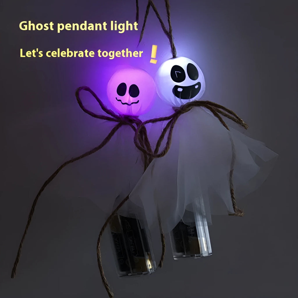 Halloween ghost-themed LED lighting chain with coloured PVC shells and a battery pack