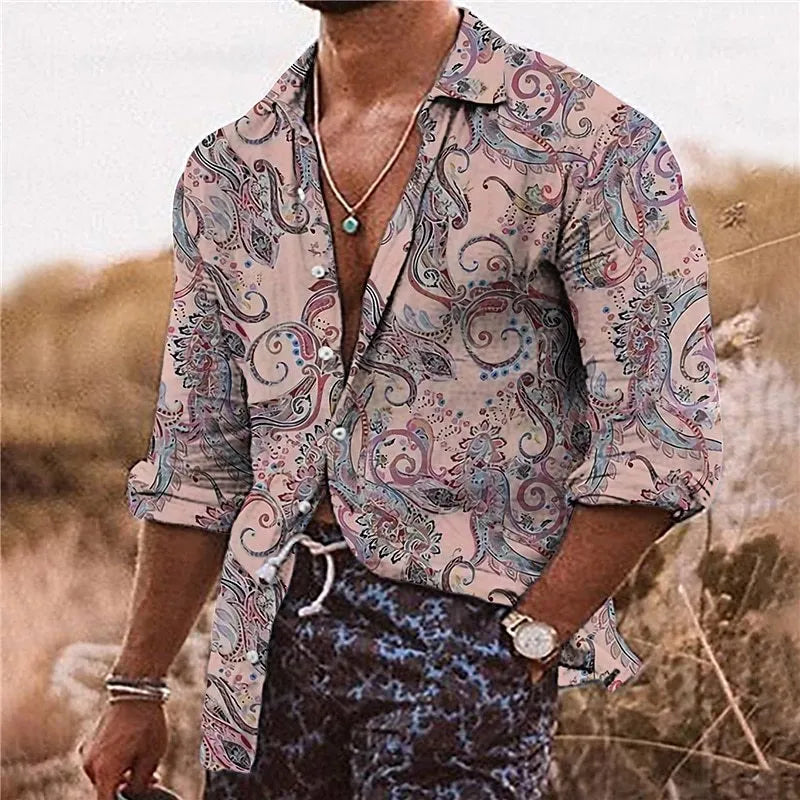 Man wearing a loose-fit long sleeve shirt with a detailed 3D floral digital print pattern.