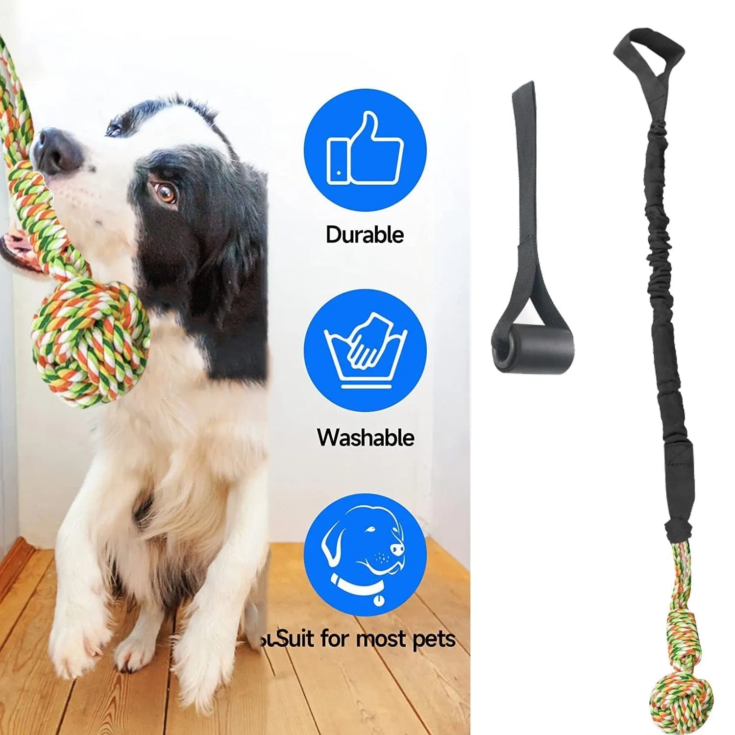 Cotton thread dog tug of war rope toy in black, grey, or red colours for interactive play and teeth grinding