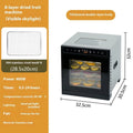 Stainless steel food dehydrator machine with multiple stacking trays and an LED control panel.