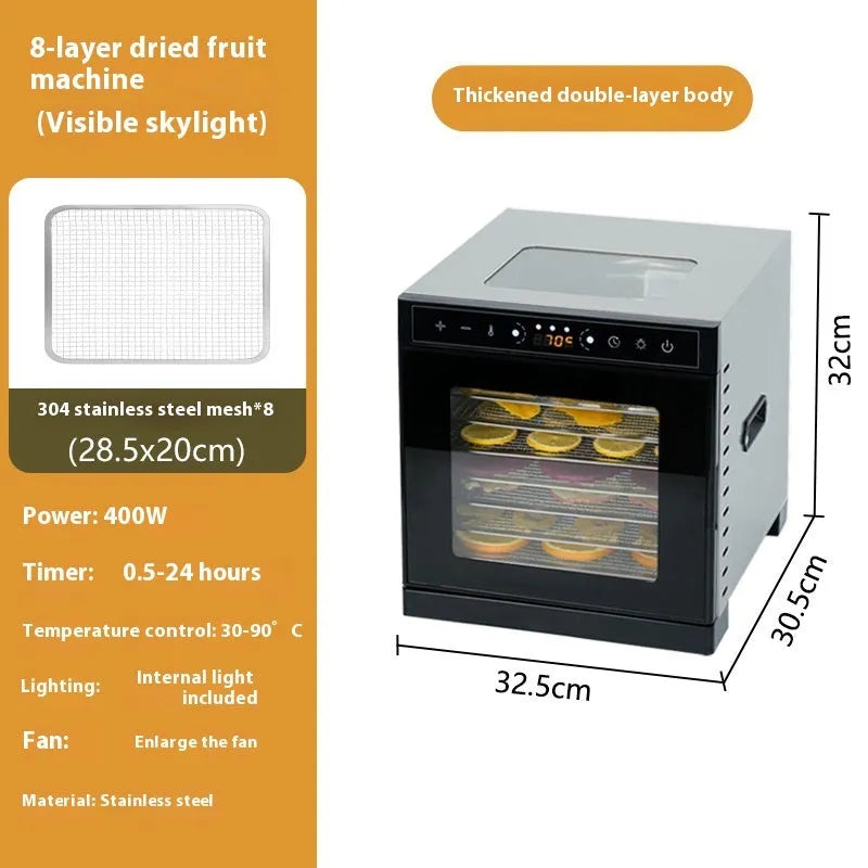 Stainless steel food dehydrator machine with multiple stacking trays and an LED control panel.