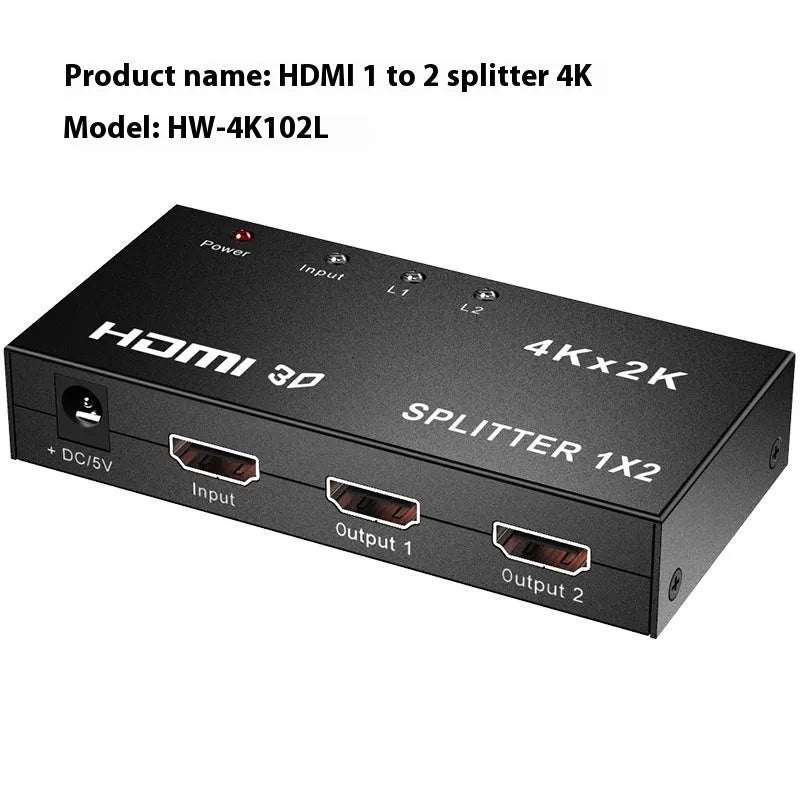 4K HDMI splitter hub with one input and two output ports on a black casing.