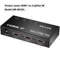 4K HDMI splitter hub with one input and two output ports on a black casing.