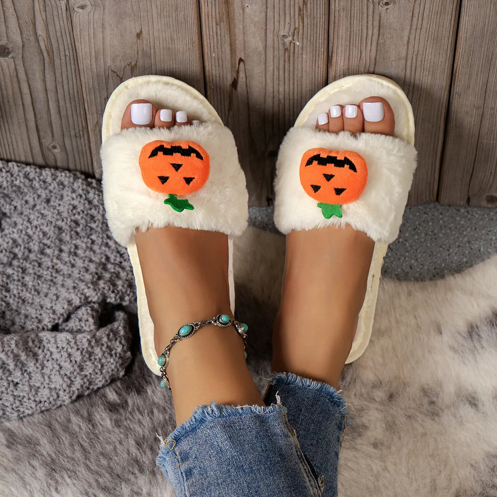 Halloween pumpkin plush open toe slippers with anti-slip PVC sole in white or yellow