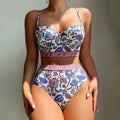 Blue women's high waist push-up polyester bikini swimsuit for swimming and wading