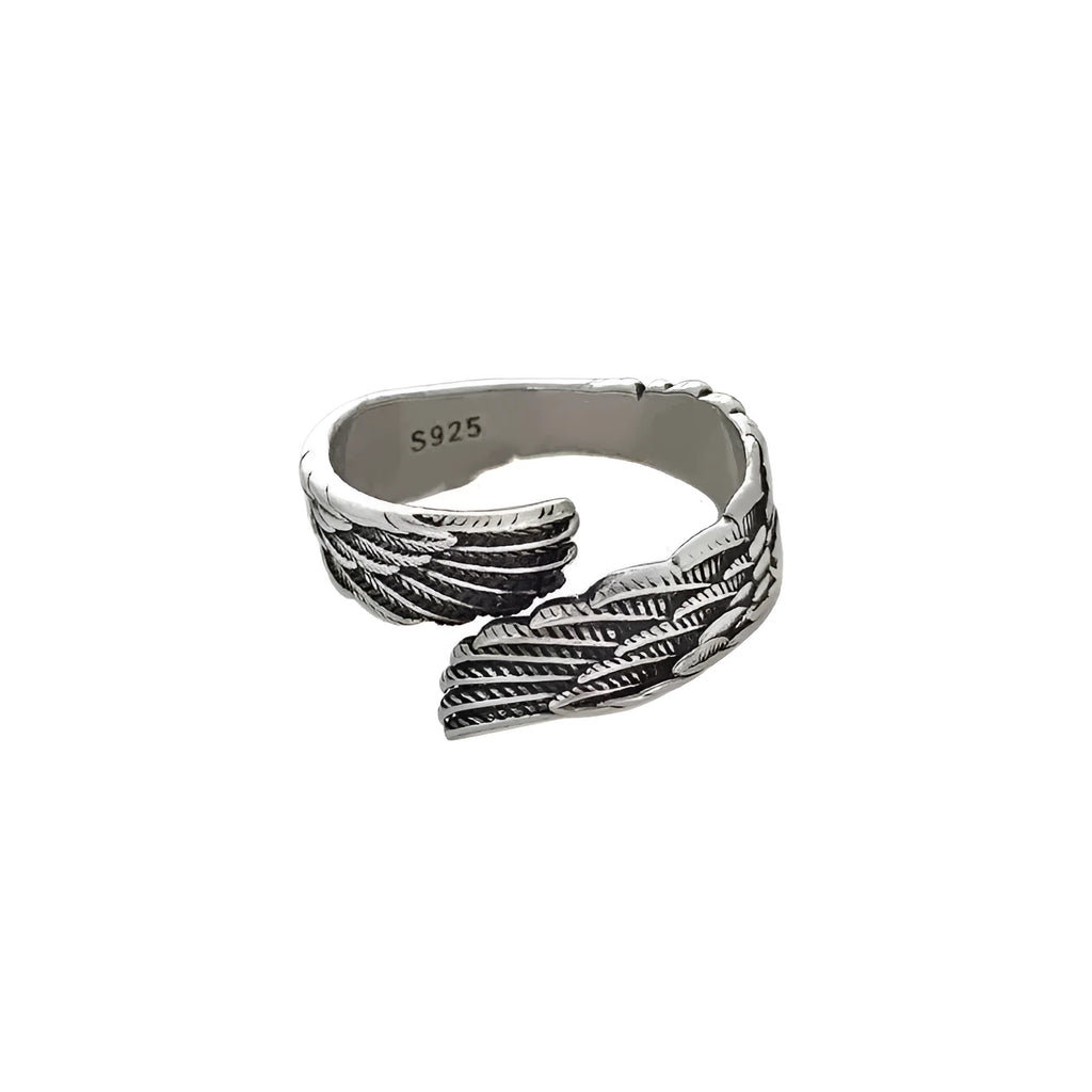 Love couple plain silver ring set with angel wings vintage finish and bracelet