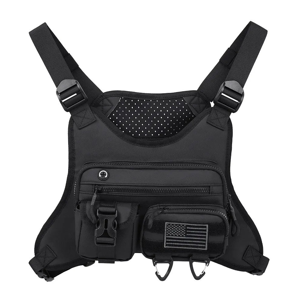 Outdoor sports chest bag in Oxford cloth with sewing line detail, available in black, blue, and gray for men
