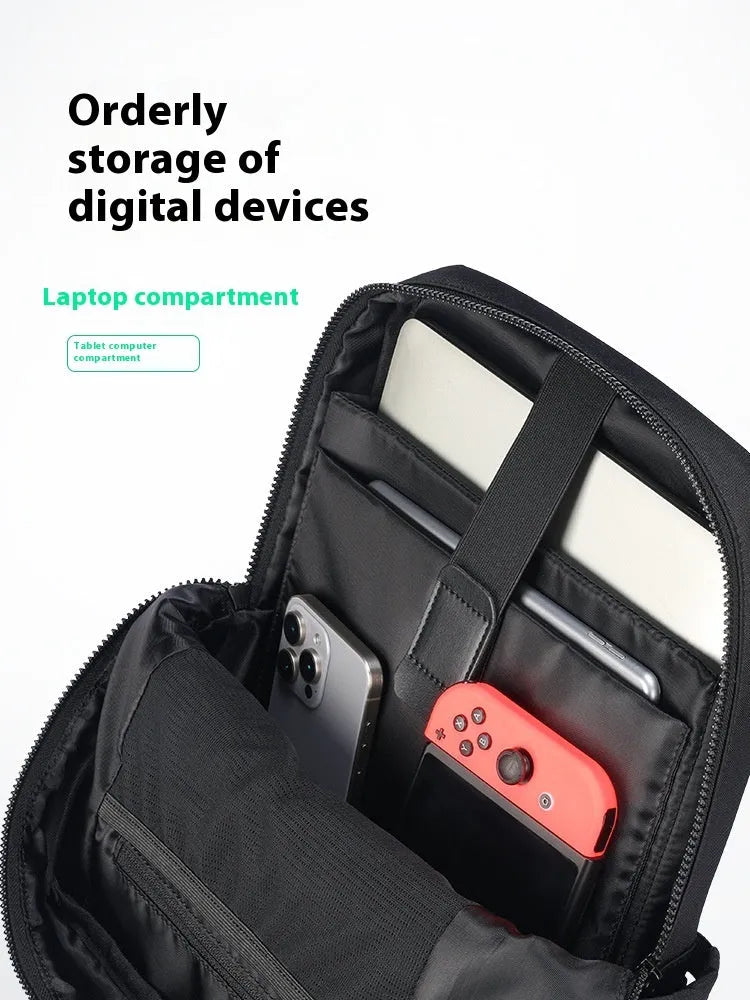 Black Oxford cloth computer backpack showing laptop compartment and storage organisation