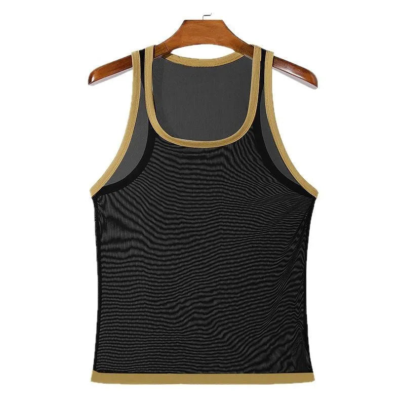 Men's fitness tight mesh style vest in solid colour with straight hem, white or black