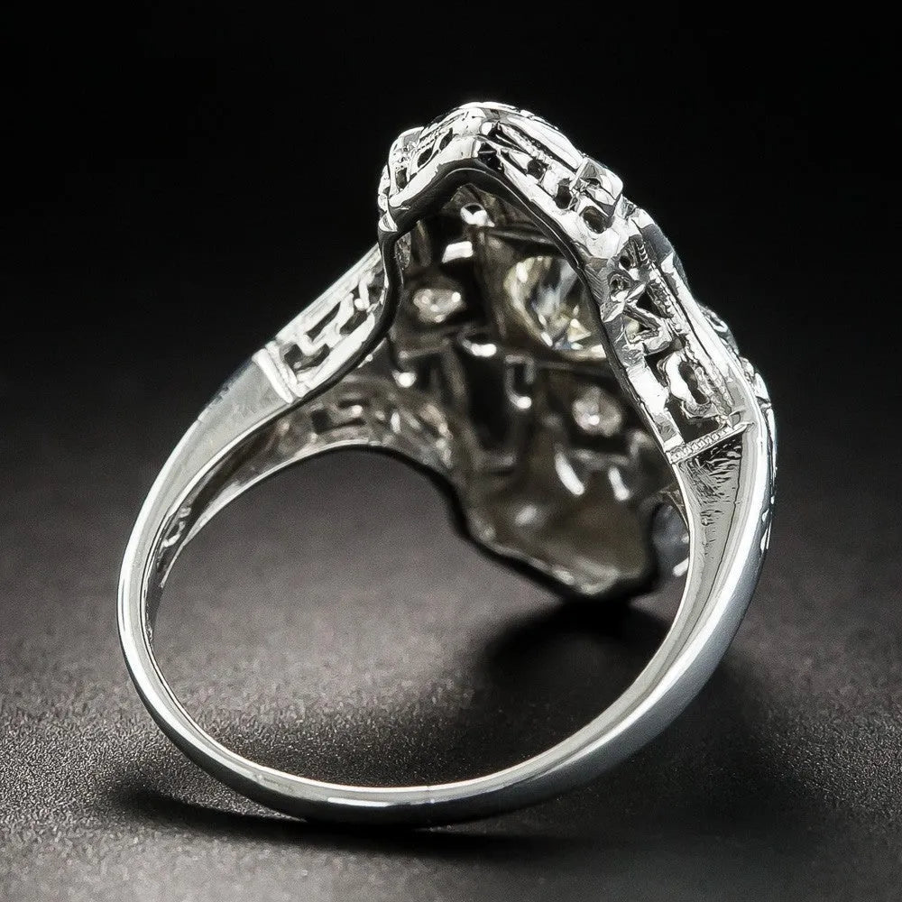 Geometric hollow out copper ring with diamond accents in electroplated silver finish