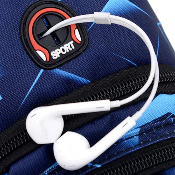 Men's blue Oxford cloth crossbody sling bag with an earphone hole and zipper, shown in a square vertical shape.