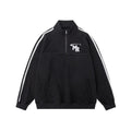 Black Hong Kong style retro sports hoodie with stand collar and long sleeves.