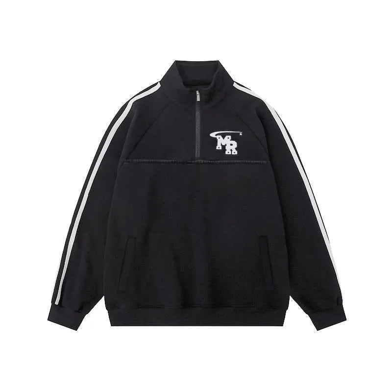 Black Hong Kong style retro sports hoodie with stand collar and long sleeves.