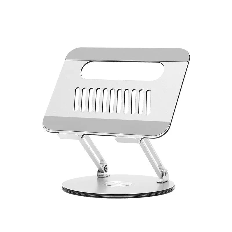 Silver aluminium laptop stand with height adjustment and rotation capability