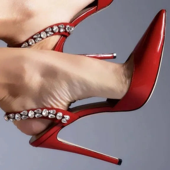 Women's pointed toe high heel sandals with rhinestone side detailing in patent leather