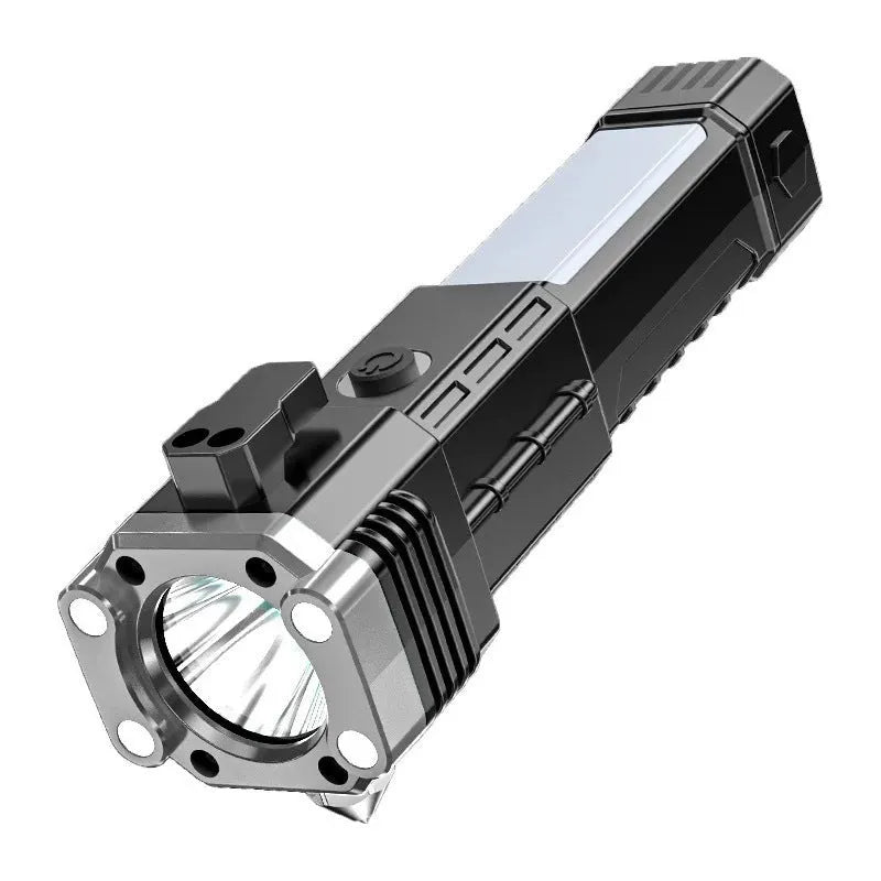 Silver plastic portable LED flashlight with integrated USB power bank charging port.