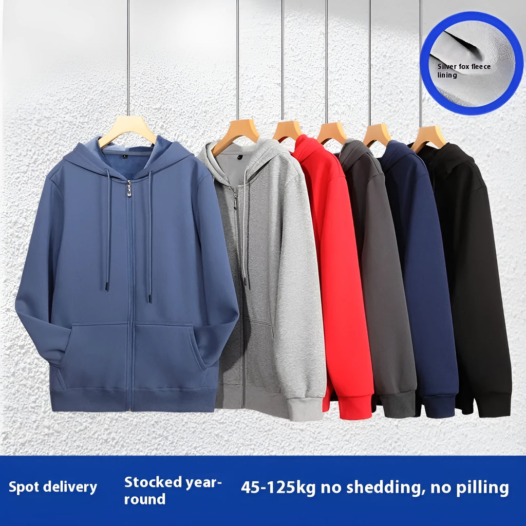 Men's beige heavyweight zip-up hooded cardigan sweater with top-stitch pockets, shown in a loose fit.