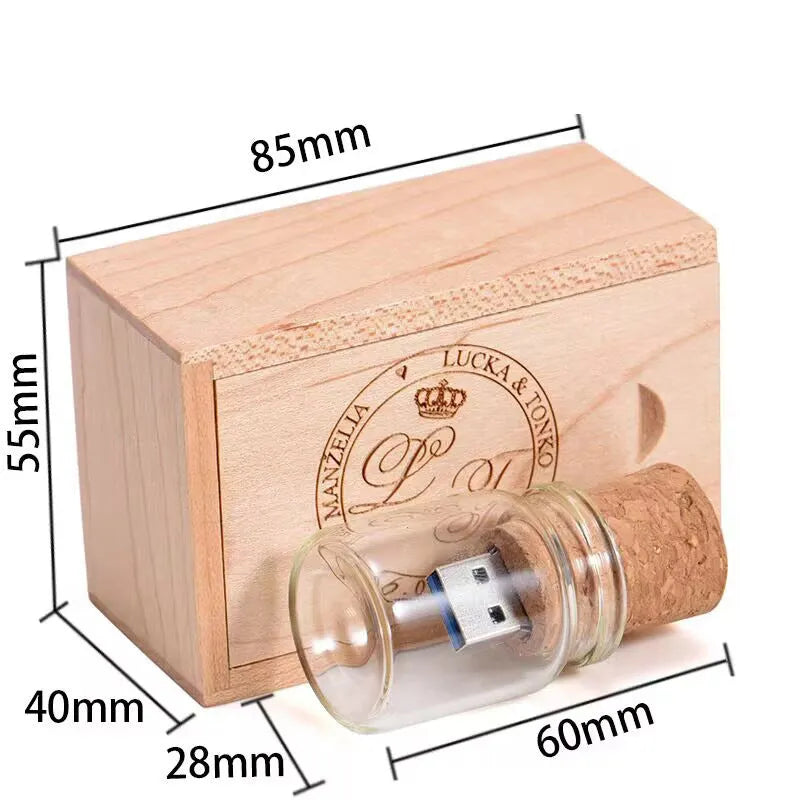 Wooden wish bottle USB flash drive with transparent design measuring 60mm by 28mm