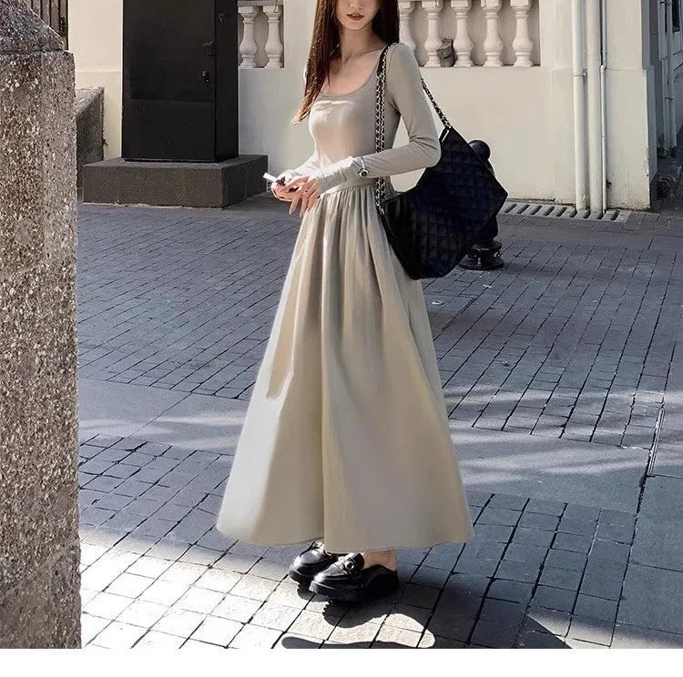 Women's black square collar knitted long sleeve dress with A-line skirt and elastic waist