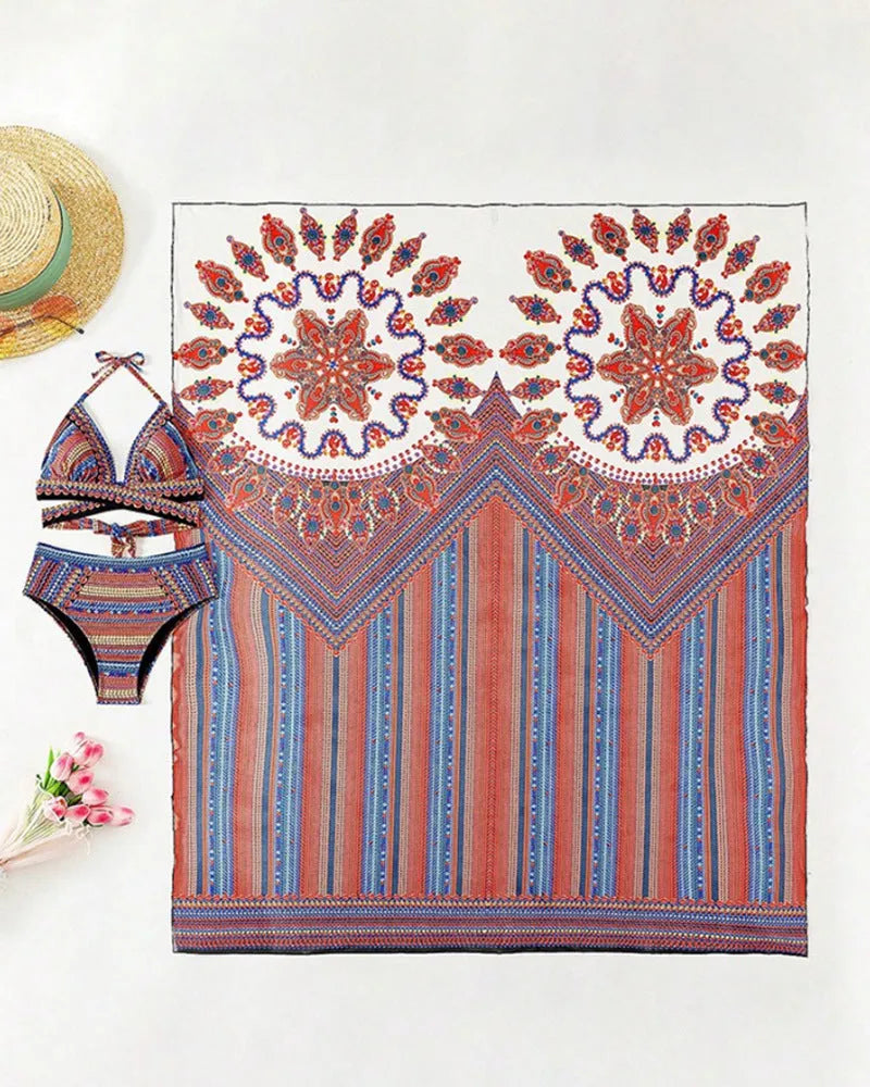Women's three-piece swimsuit set with cutout blouse, high-waist briefs and cover-up coat