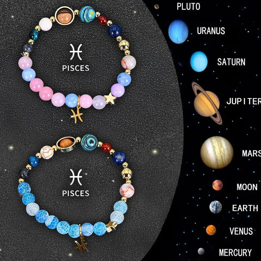 Set of two beaded bracelets for zodiac signs, made with natural stone beads on an elastic cord.