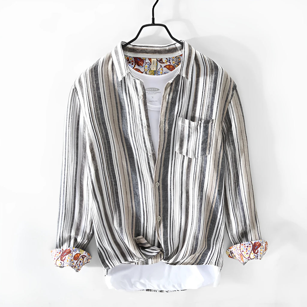 Men's striped linen casual shirt with long sleeves in loose fit for spring summer wear