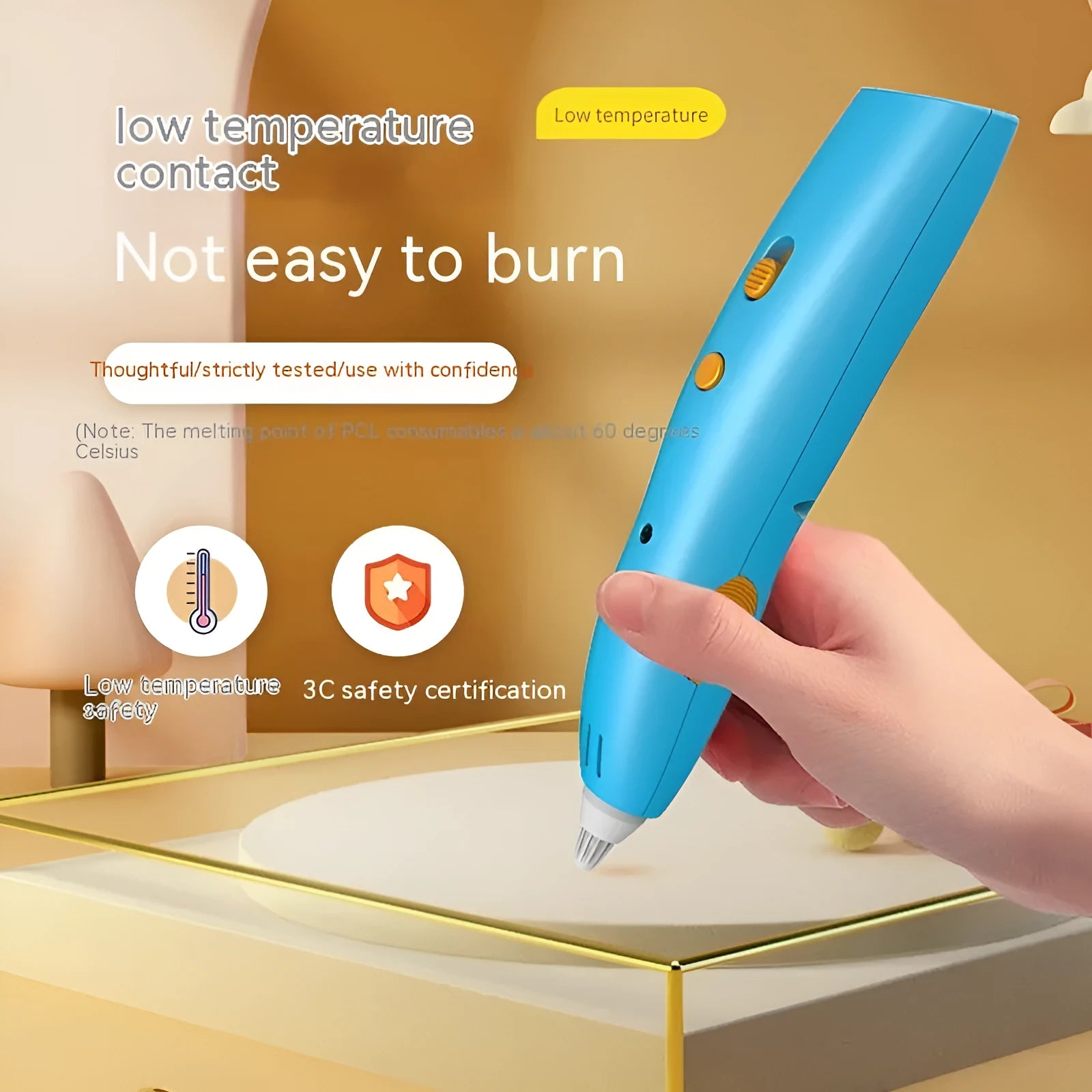 Children's wireless 3D printing pen in blue, plastic construction, 14.2cm length, rechargeable cool-touch drawing toy
