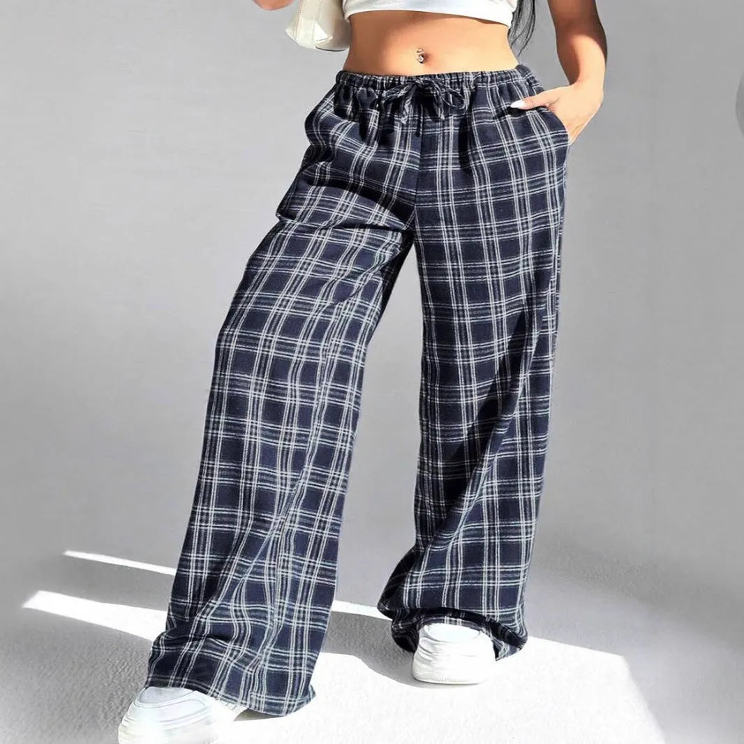 Women's casual loose fit trousers with drawstring waist and plaid pattern in red colour