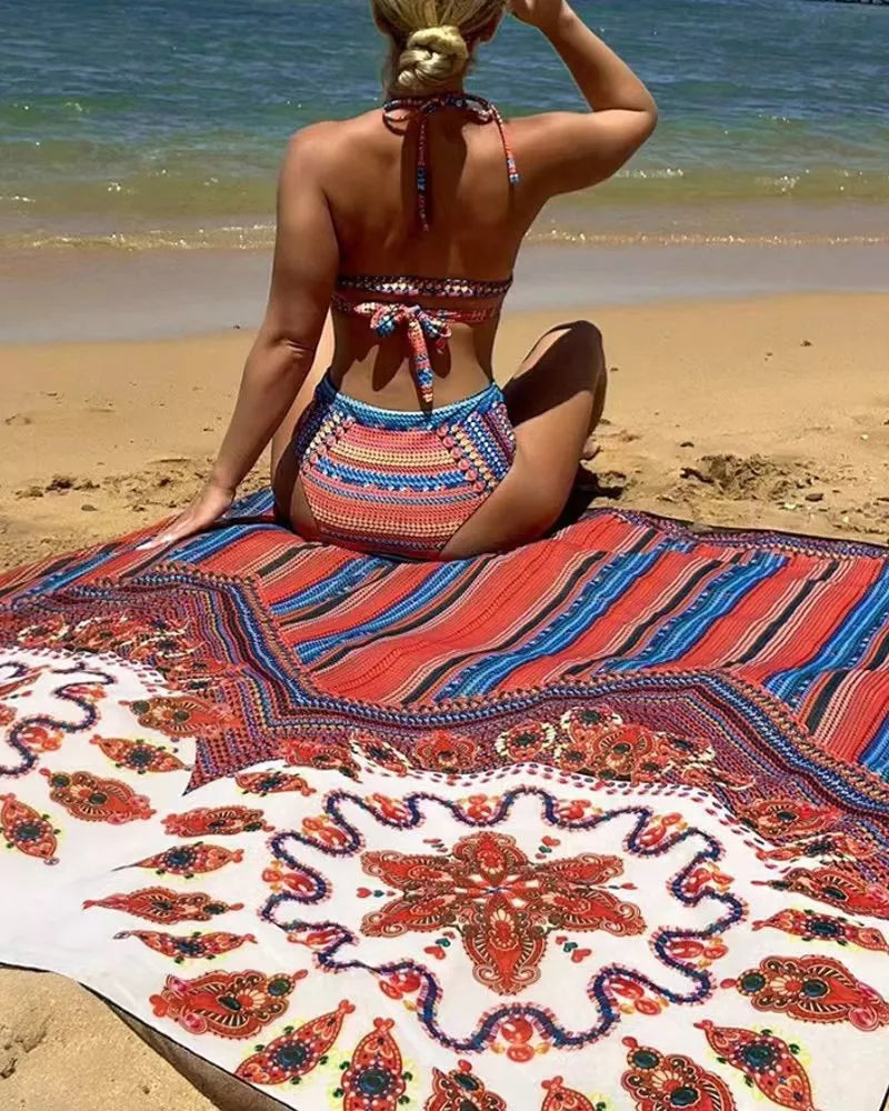 Women's three-piece swimsuit set with cutout blouse, high-waist briefs and cover-up coat