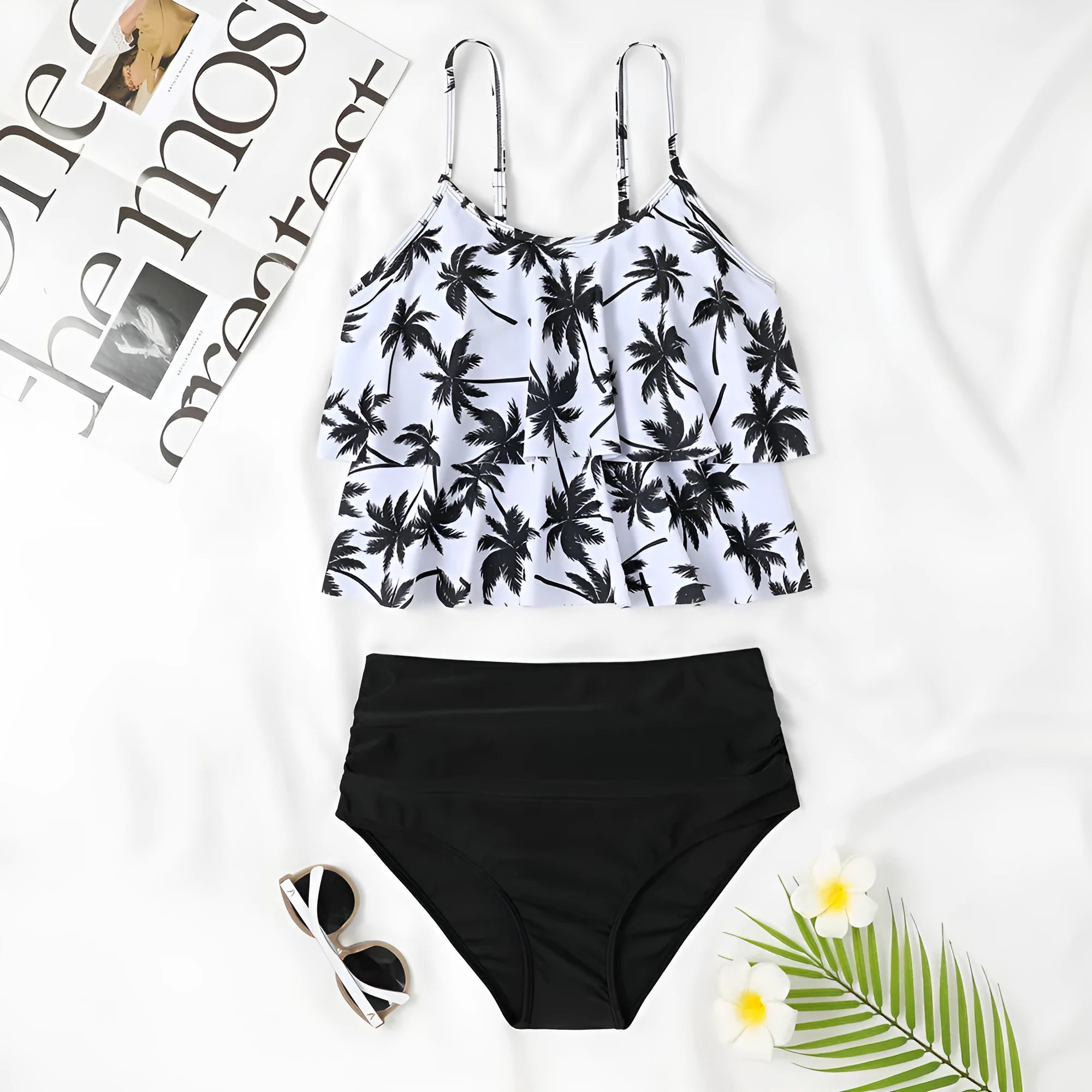 High waist double-layer swimsuit with coconut tree print design showing top and bottom pieces