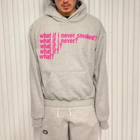 Letter print heavy hooded sweater pullover in Black and Heather Gray front view