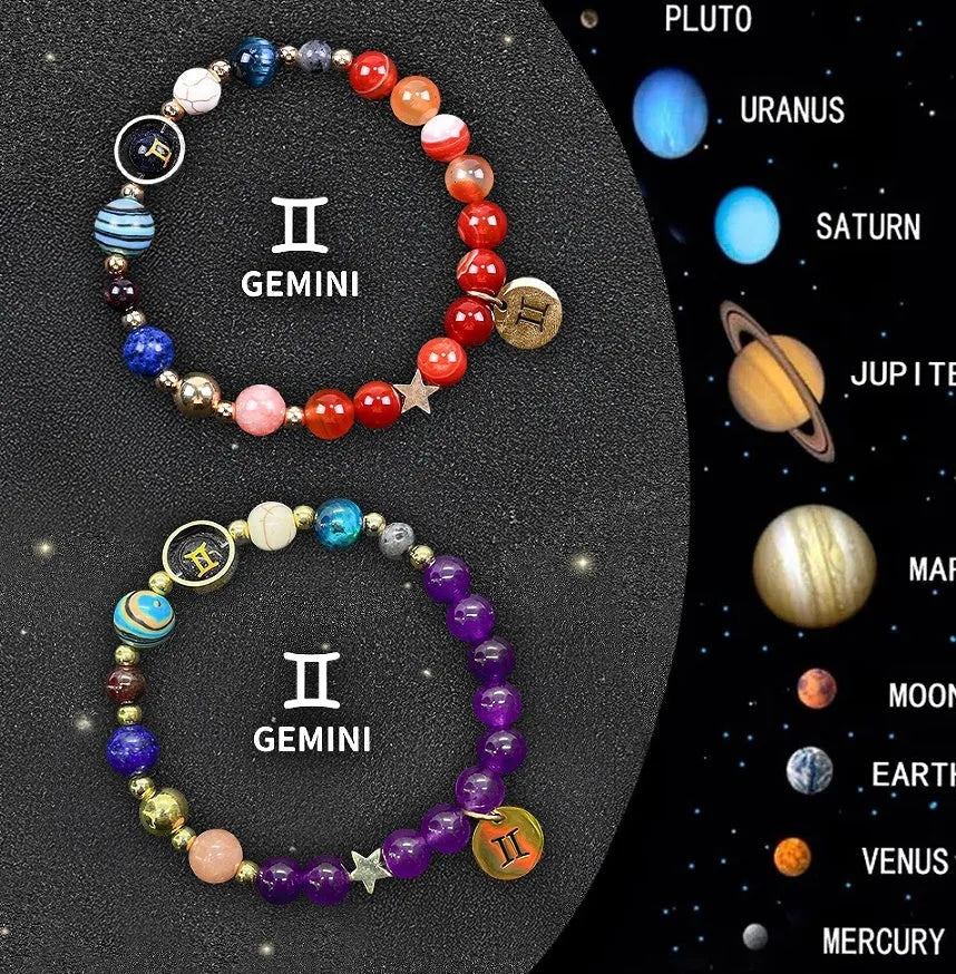 Set of twelve natural stone beaded bracelets for all zodiac signs on display