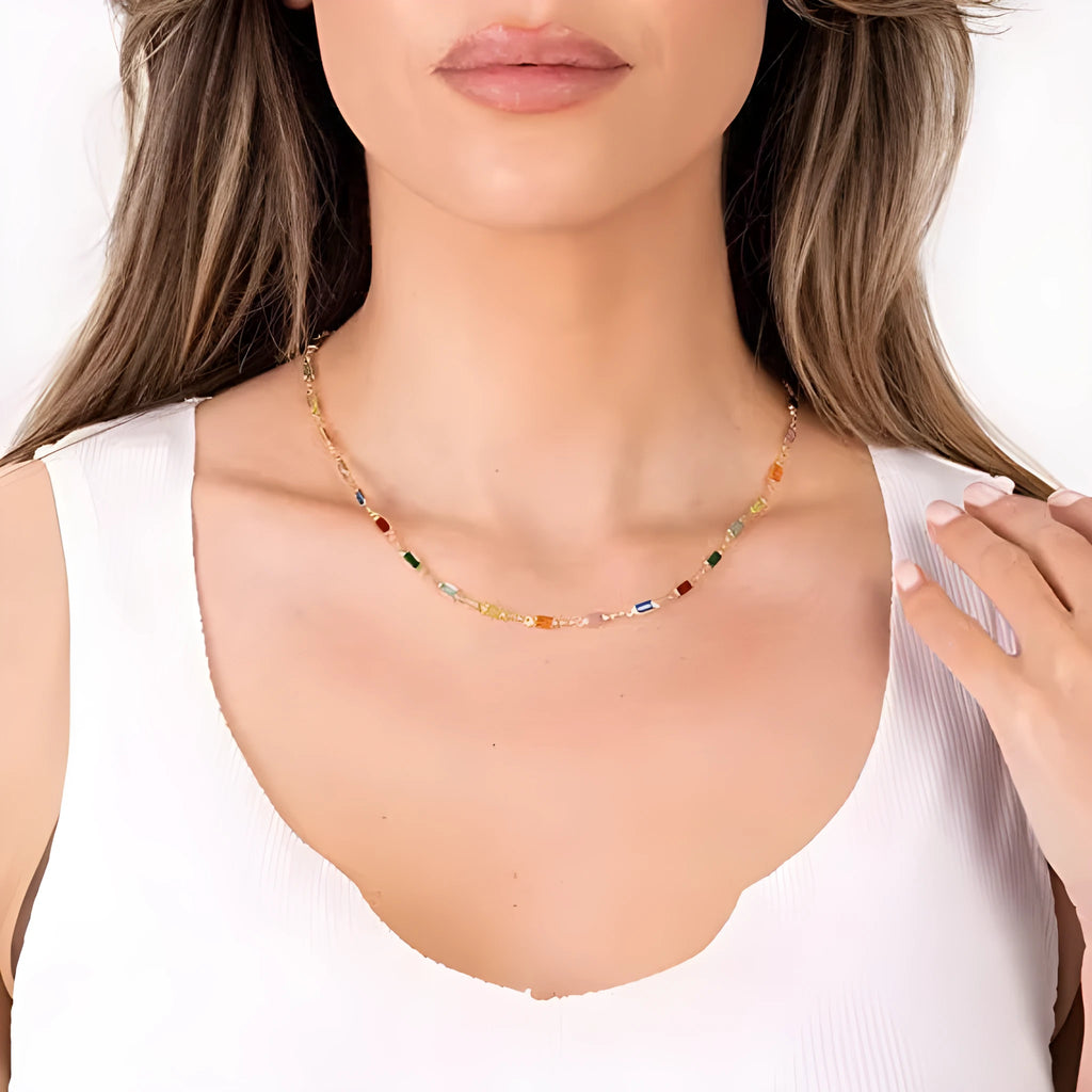 Geometric crystal pendant necklace on an alloy chain, showcasing a random colour and cool wind style.