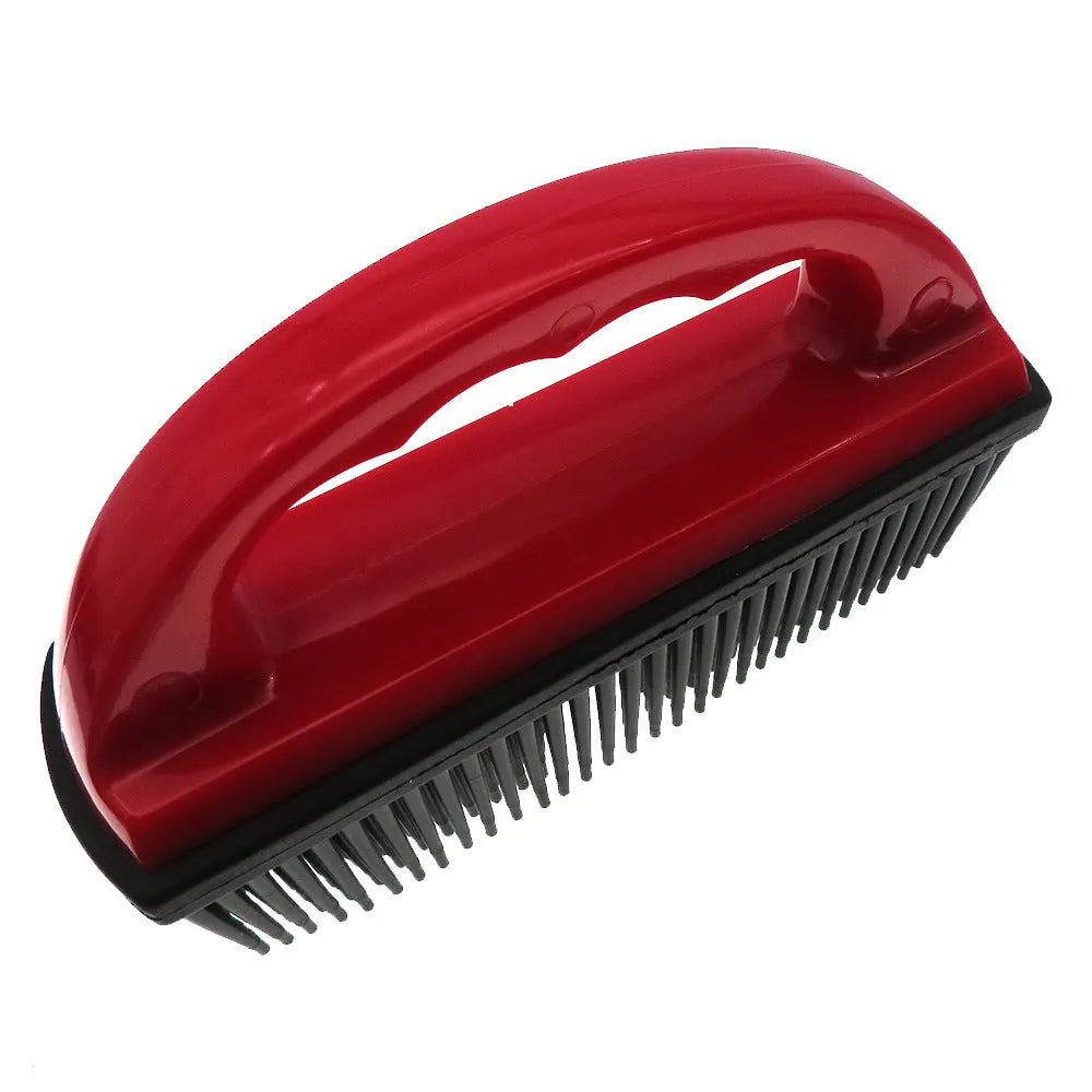 Red plastic pet hair removal brush for dog and cat grooming and carpet cleaning, dimensions 160mm by 85mm