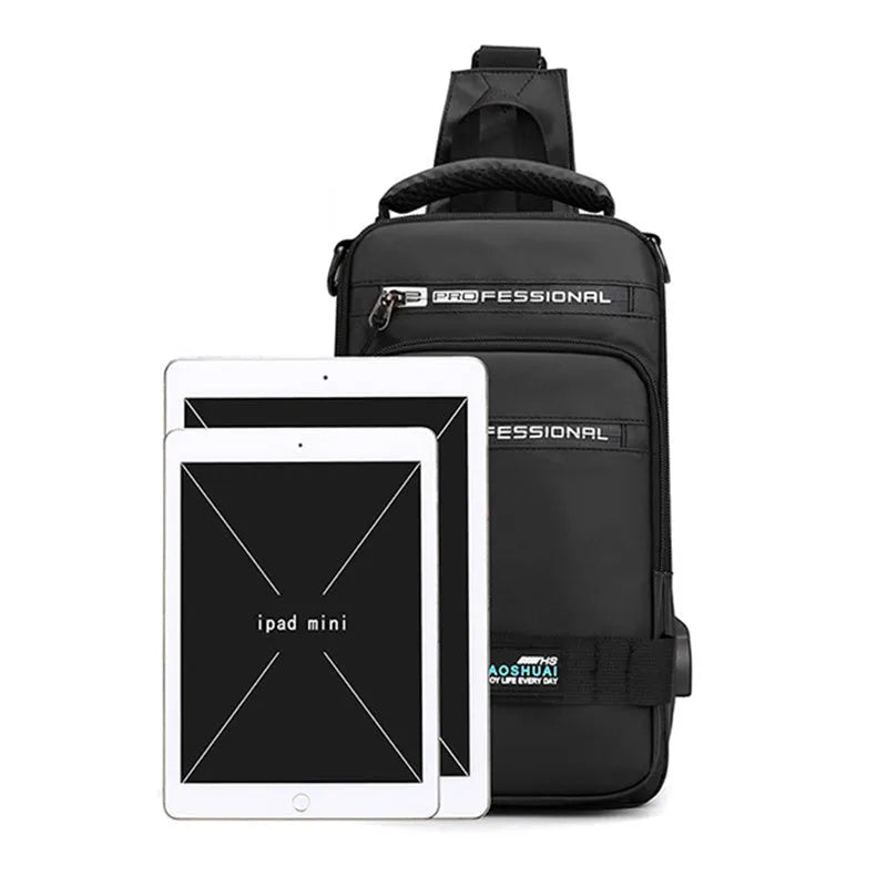 Multifunction nylon bag for men with USB charging port, medium square shape, in khaki colour