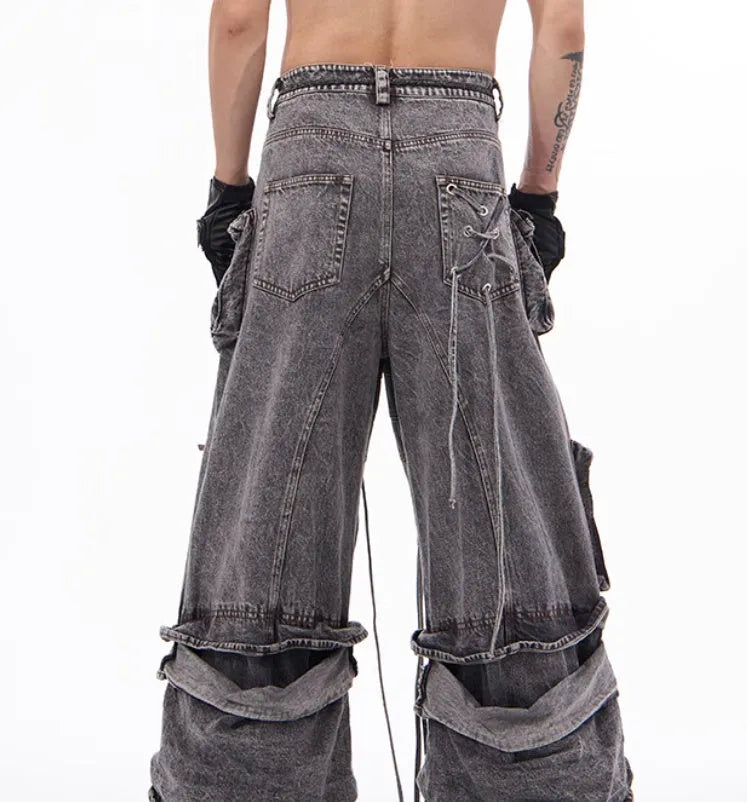 Grey distressed denim mop pants with rope stitching, American-style overalls, front view