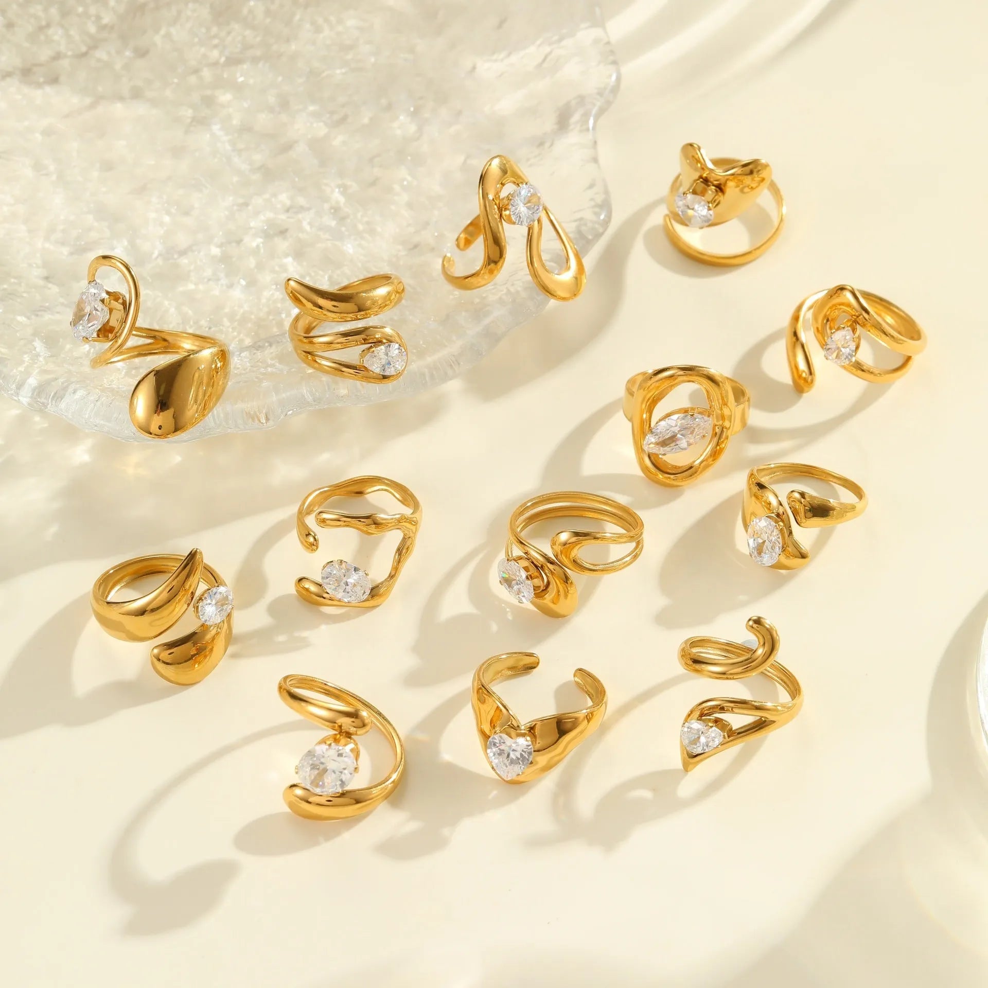 Geometric open mouth zircon fashion ring in stainless steel, showing adjustable design.