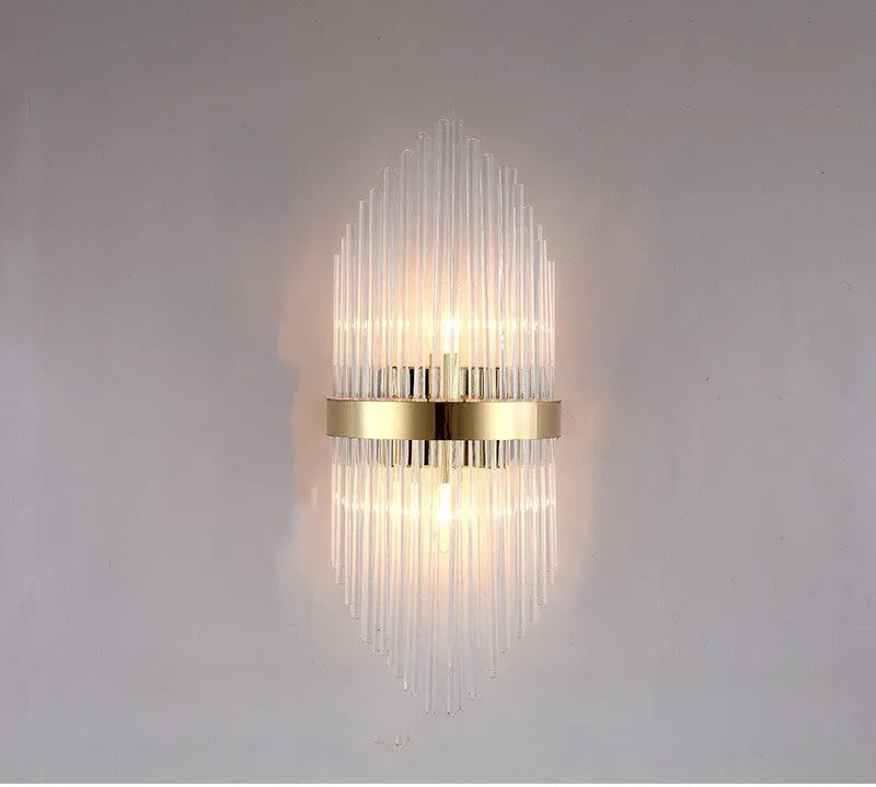 Modern crystal petal wall lamp in titanium gold finish mounted on living room wall
